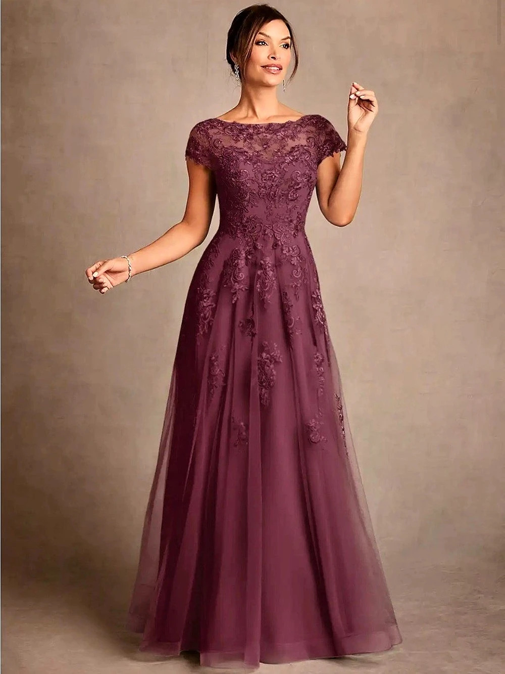 Azazie Jalinda Lace A-Line Maxi Dress in Cabernet